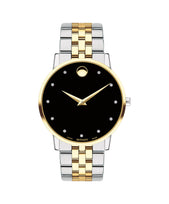Men's Museum Classic watch, 40 mm yellow gold PVD-finished stainless steel case, round black dial with 11 diamond markers (0.043 t.c.w.) and yellow gold-toned dot and hands, stainless steel and yellow gold PVD-finished link bracelet with deployment clasp.