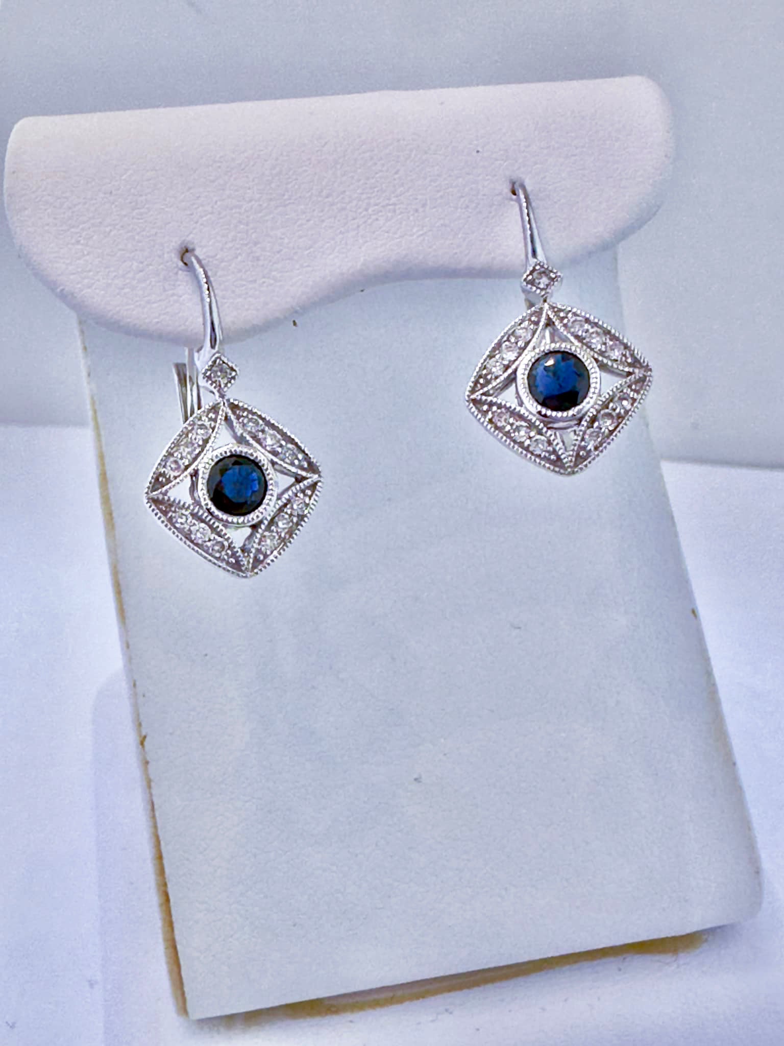 14k 0.21 cttw 14k white gold sapphire and diamond hanging earrings