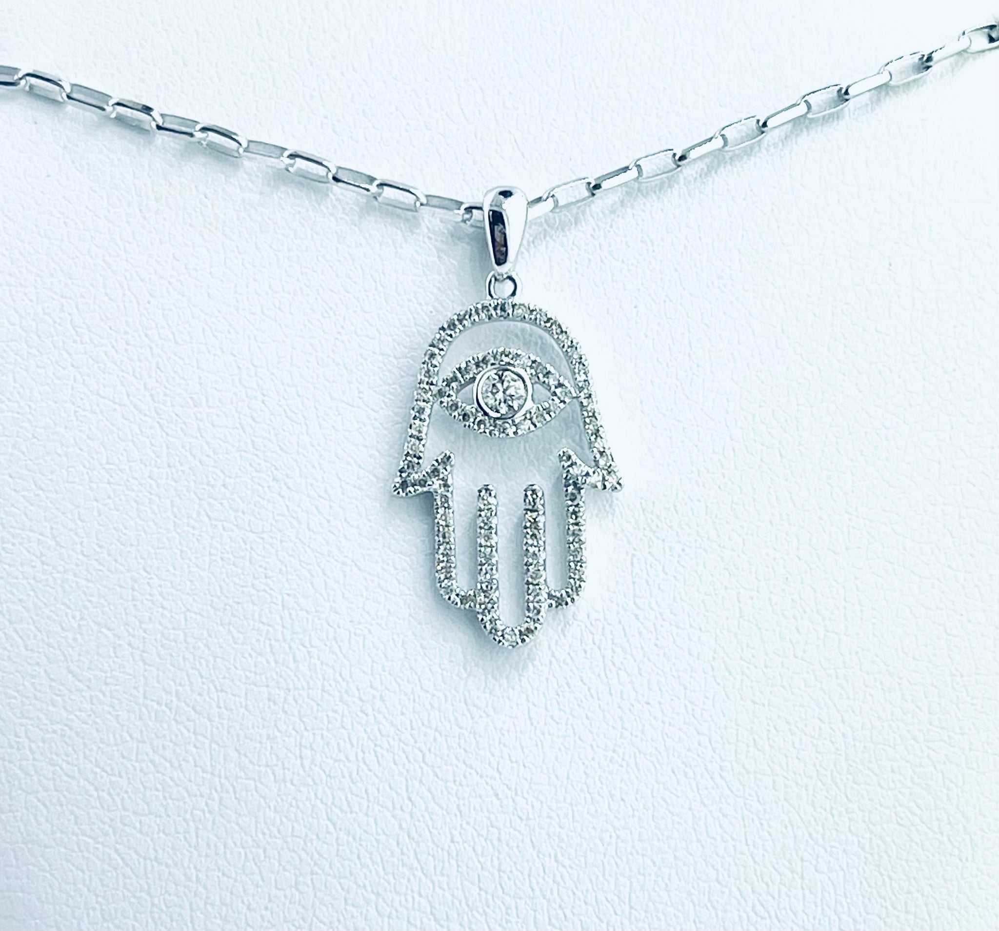 White Gold Diamond Hamsa Hand pendant with a 14K 18" White Gold Oval Cable Chain