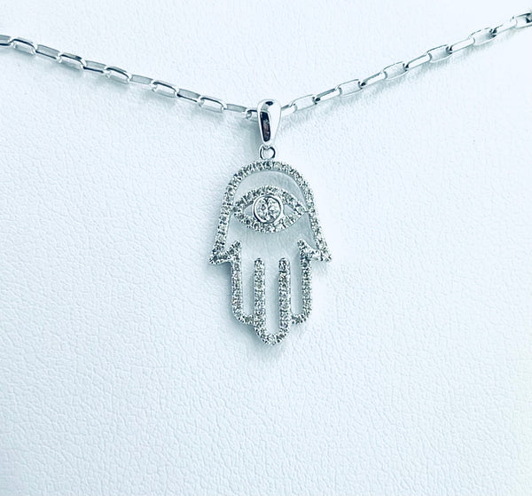 White Gold Diamond Hamsa Hand pendant with a 14K 18