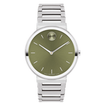 Movado Bold Horizon 40mm stainless steel watch features a matching Y-link bracelet and a statement-making olive green dial with stainless steel accents.