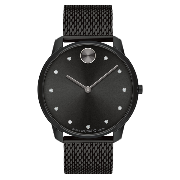Movado Bold Thin Black Dial w/ 11 Diamond Markers a Black Mesh