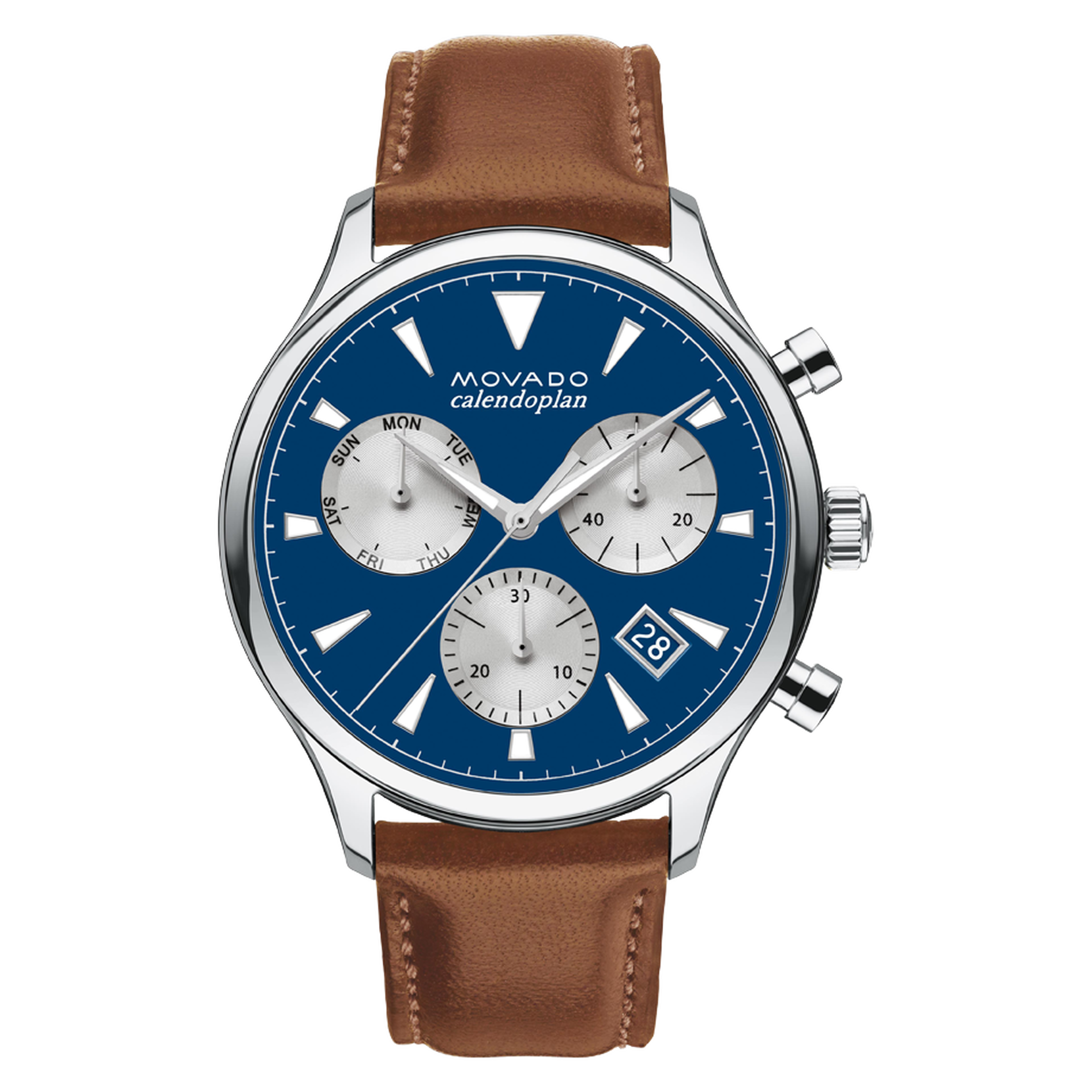 Movado Heritage Series Chronograph Blue Dial Watch w/ a Brown Leather Strap