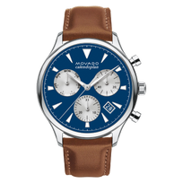 Movado Heritage Series Chronograph Blue Dial Watch w/ a Brown Leather Strap
