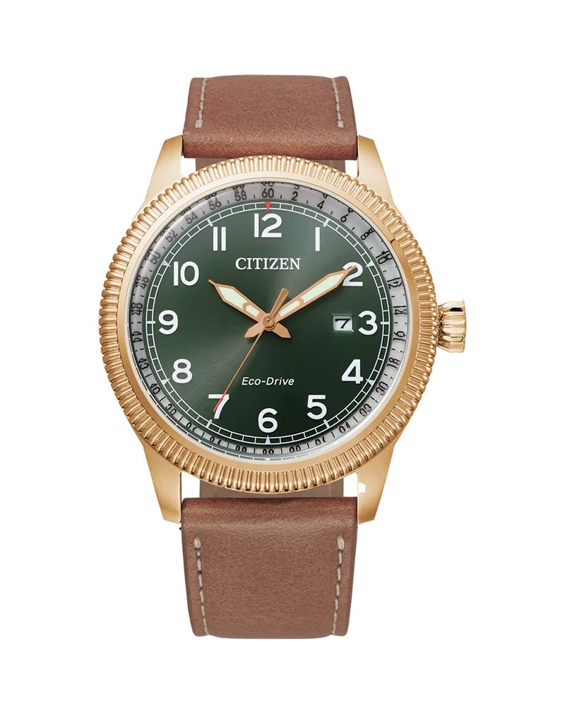 Citzen Men's Rose Gold-Tone Stainless Steel Bezel Case w/ a Dark Green Dial & a Tan Leather Band Watch