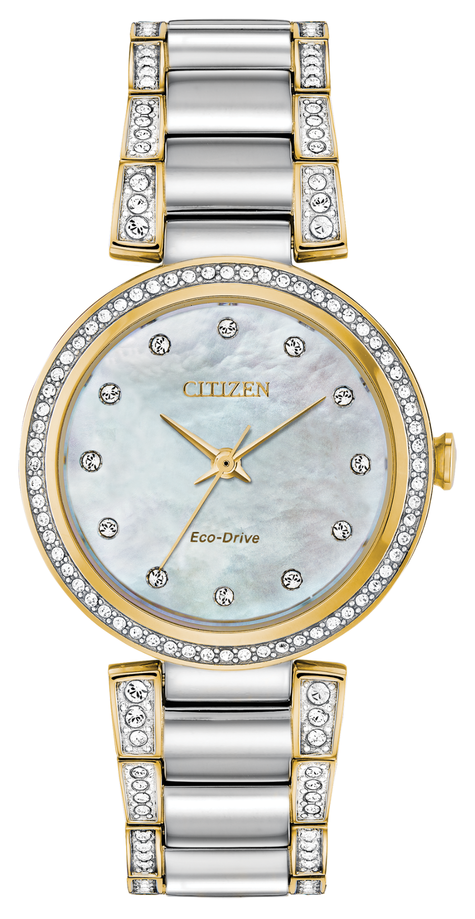 Ladies Eco-drive two-tone stainless steel bracelet, with Swarovski® crystals along both outside edges.