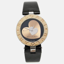 Blgari B-Zero Double Heart Diamond Pave 18k Rose Gold & Stainless Steel Watch w/ a Black Leather Band