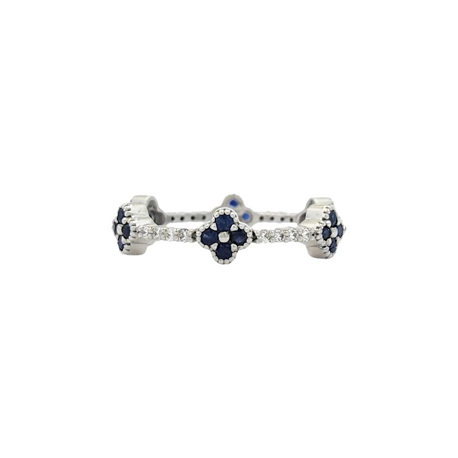 14k 0.30cttw White Gold Diamond Sapphire Clover Eternity Ban...