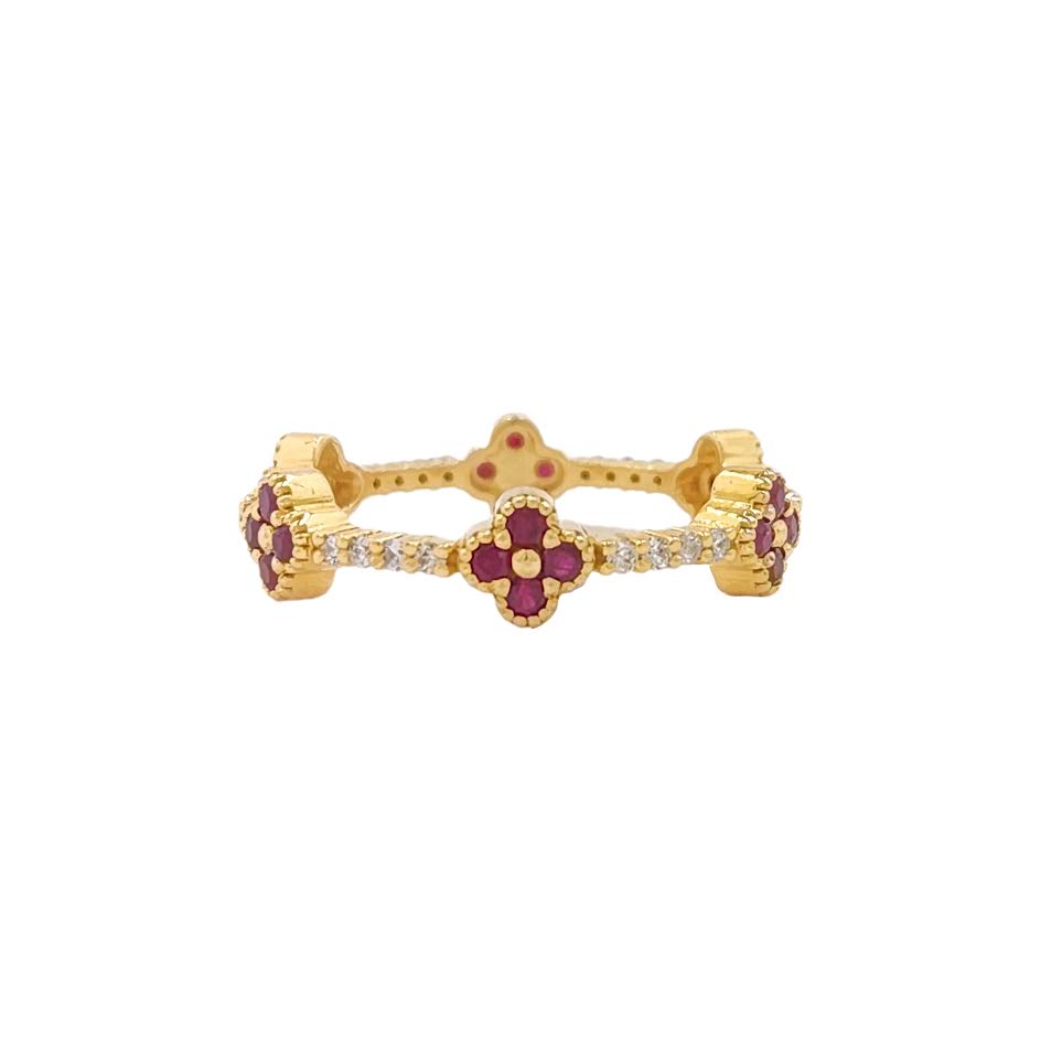 14k 0.30cttw Yellow Gold Diamond Ruby Clover Eternity Band