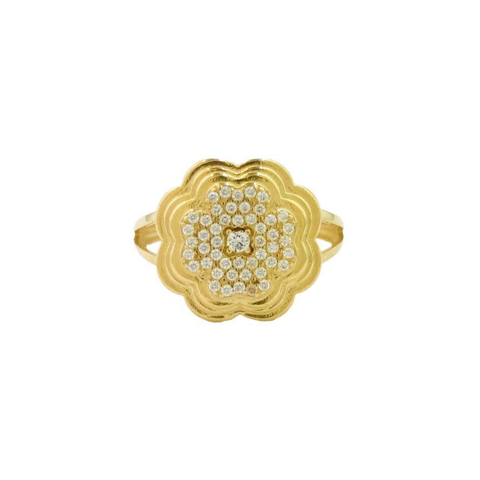 14k CZ Yellow Gold Cluster Split Shank Clover Ring