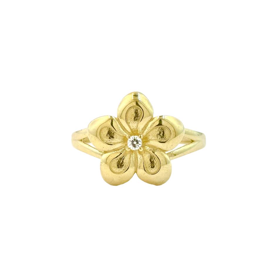 14k CZ Yellow Gold Split Shank Flower Ring