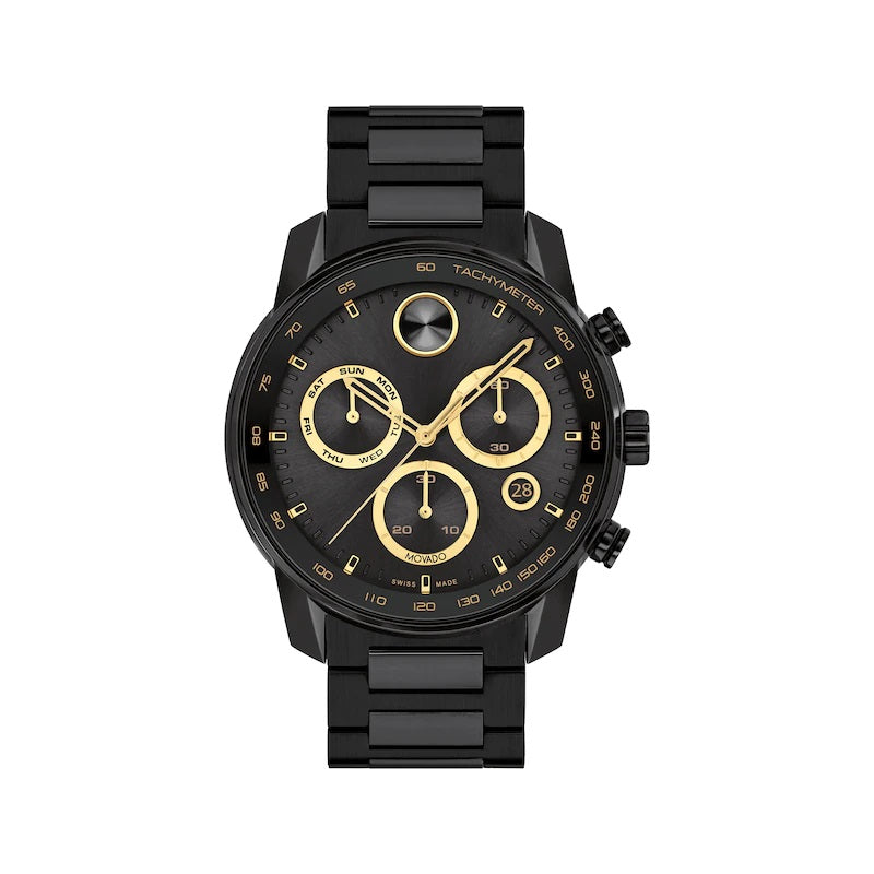 Movado Bold Verso Black & Gold Chronogrpah Dial w/ a Black Stainlles Steel Link Watch Band