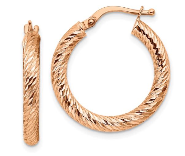 14k 3x20mm Rose Gold Diamond-cut Round Hoop Earrings