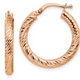 14k 3x20mm Rose Gold Diamond-cut Round Hoop Earrings