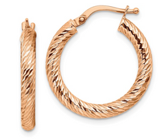 14k 3x20mm Rose Gold Diamond-cut Round Hoop Earrings