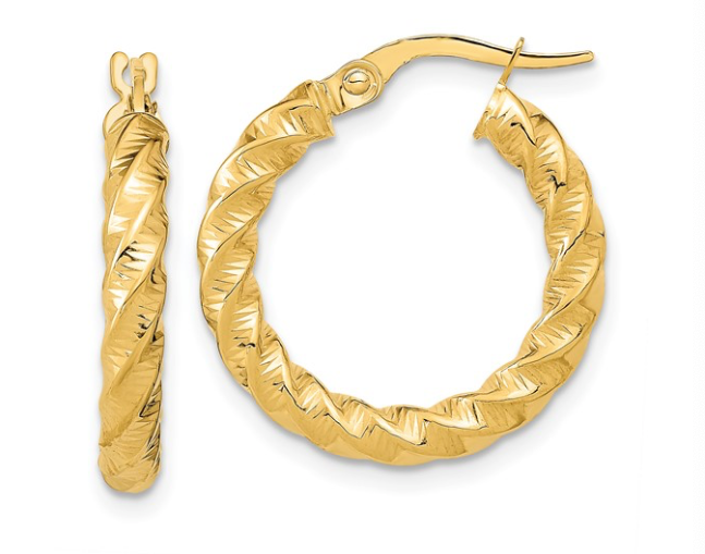 14k Gold Polished 3mm Twisted Hoop Earrings