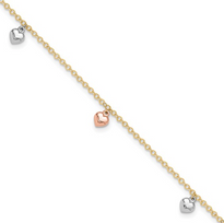 14K Tri-color Polished Hearts 9in Plus 1in ext. Anklet