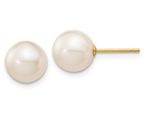 14k 8-9mm White Round Freshwater Cultured Pearl Stud Post Ea...