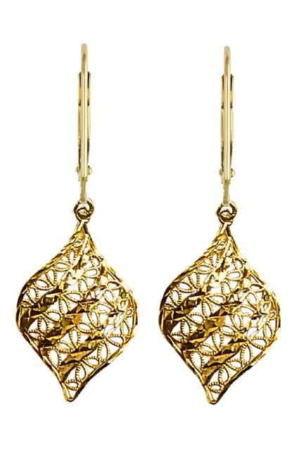 14K Yellow Gold Twisted Filigree Lever Back Earrings