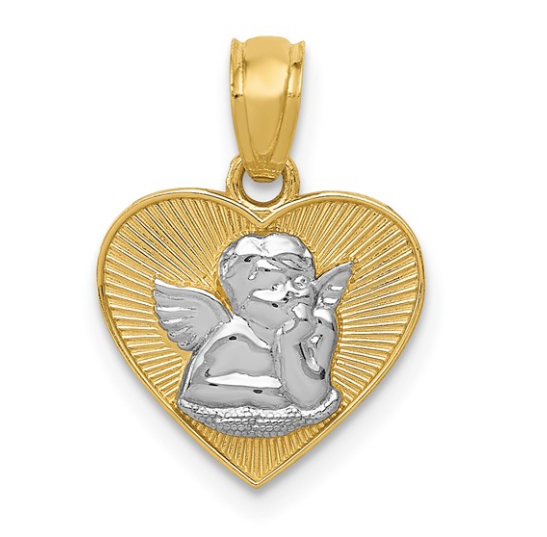 14k with Rhodium Polished Guardian Angel in Heart Pendant